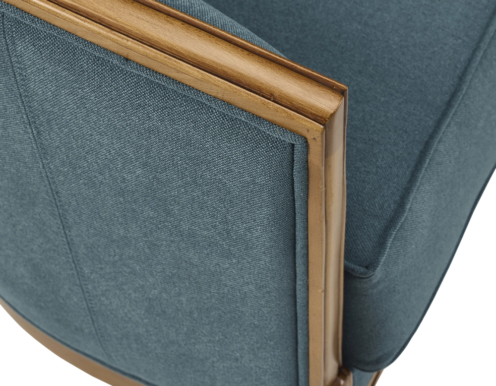 Sillón antiguo con reposabrazos moldurados bois teinte ancienne et tissu bleu océan