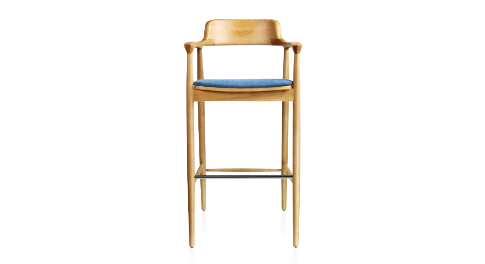 Tabouret de bar h80 cm bois teinte naturelle assise tissu bleu jean