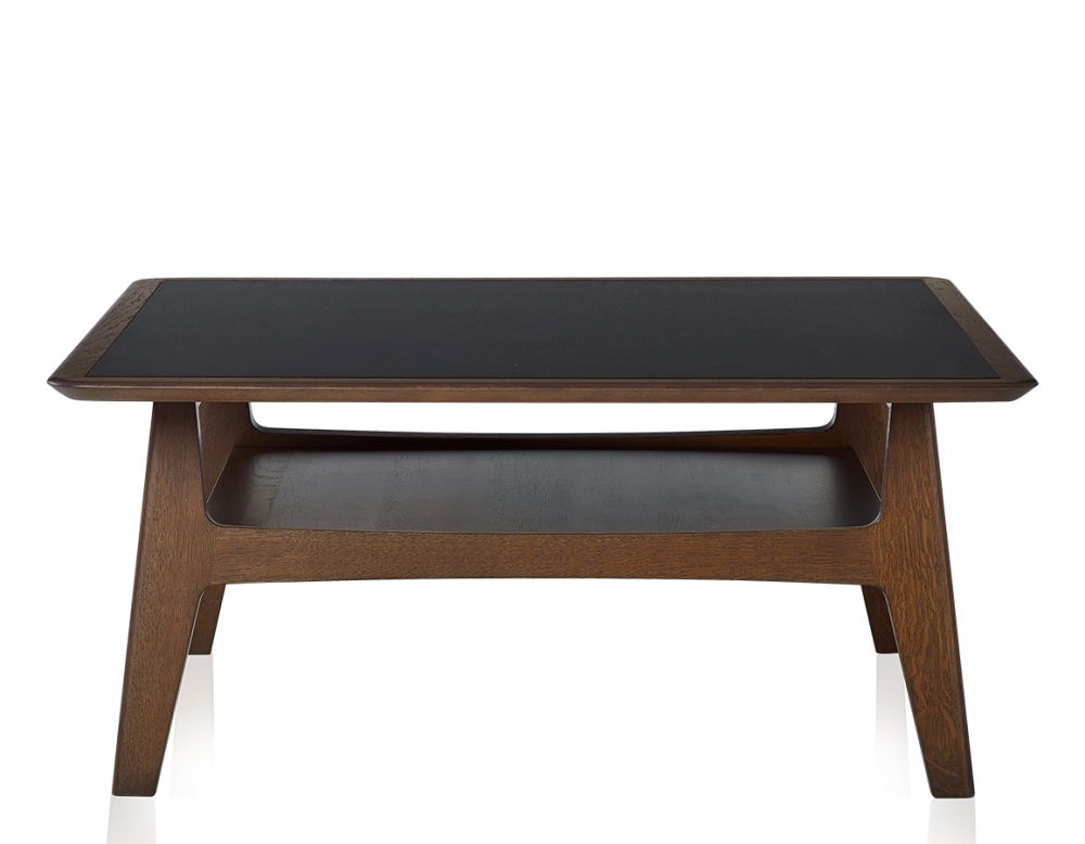 Square coffee table in oak and ceramic with dark brown stained wood, plain black ceramic top 100x100 cm