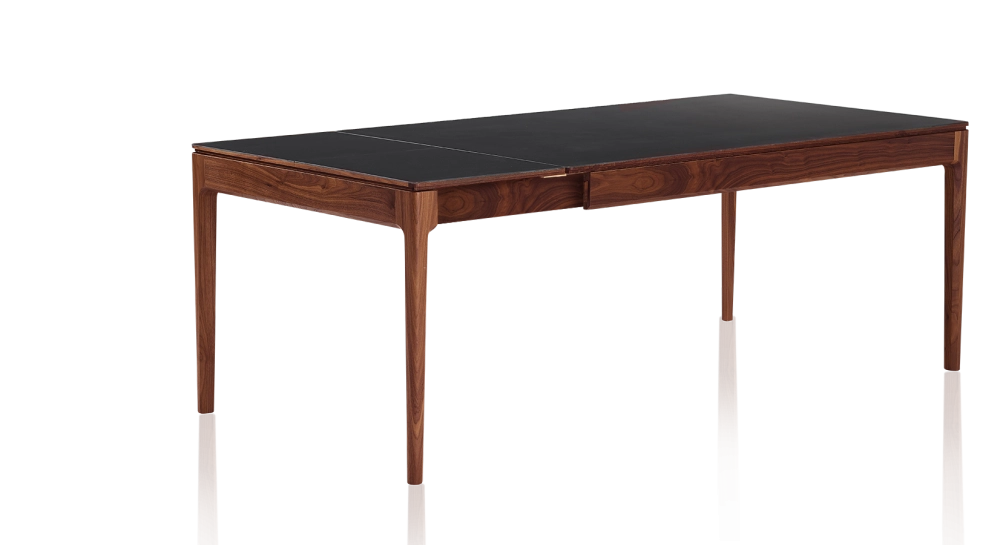 Table extensible 8 à 12 personnes en noyer et céramique allonges céramique avec bois teinte naturelle et plateau et allonges céramique noire unie 210x100 cm