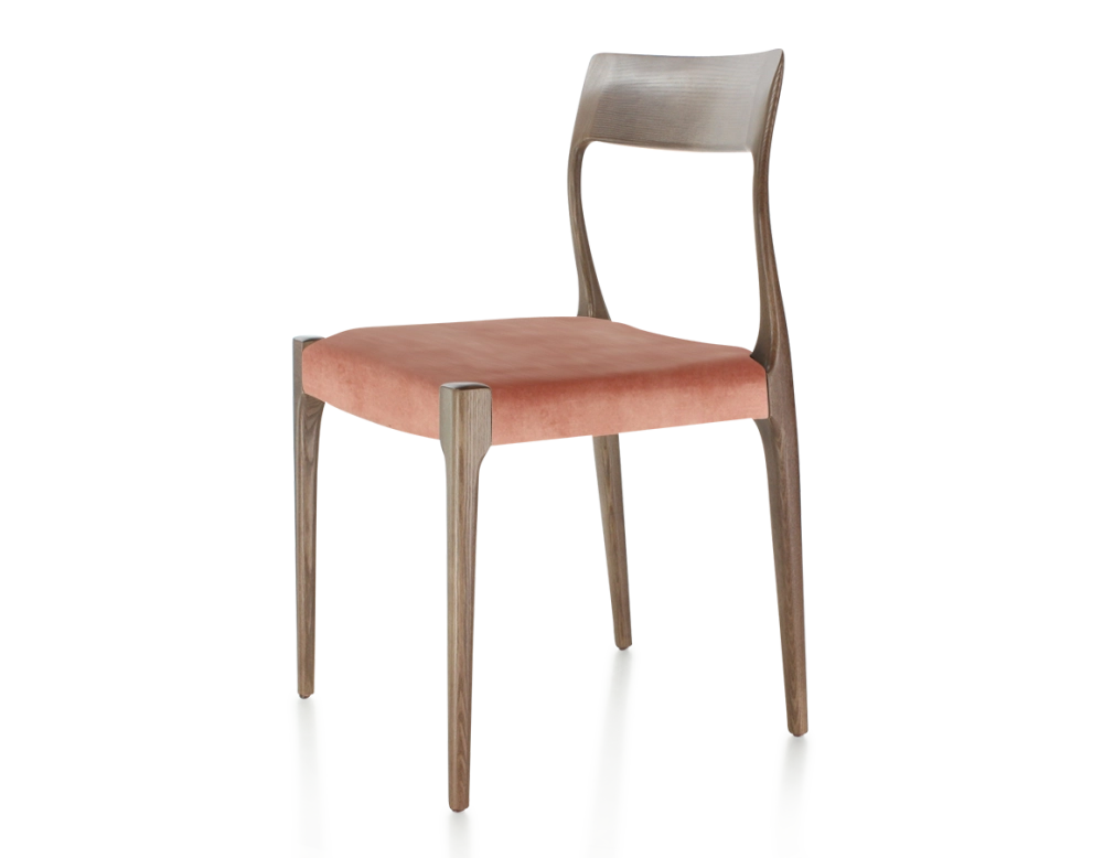 Chaise scandinave bois teinte marron foncé assise tissu velours rose pâle