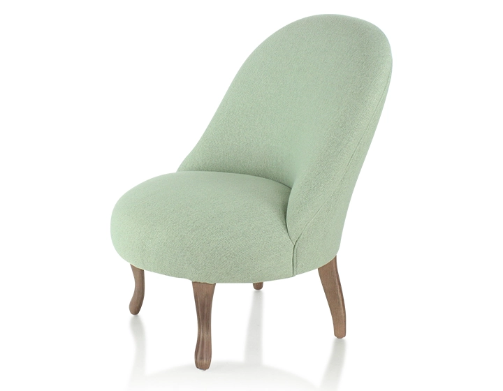 Fauteuil crapaud sans accoudoirs pieds bois teinte noyer et tissu vert sauge