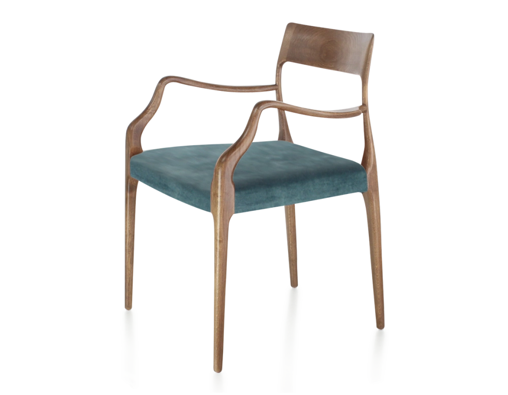 Scandinavian armchair with armrests wood stained walnut seat in petrol blue velvet fabric