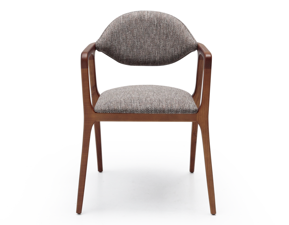 Chaise design avec accoudoirs bois teinte merisier et tissu chiné marron