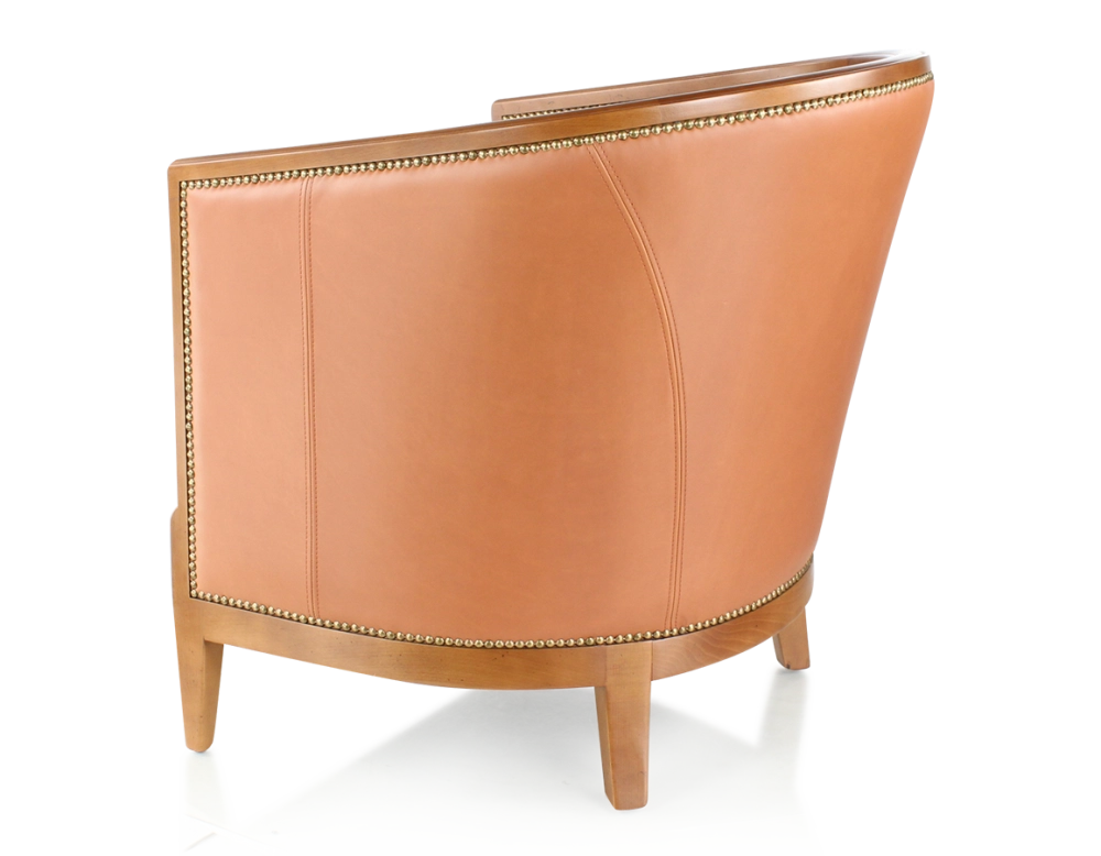 Fauteuil ancien accoudoirs moulurés bois teinte ancienne et cuir caramel