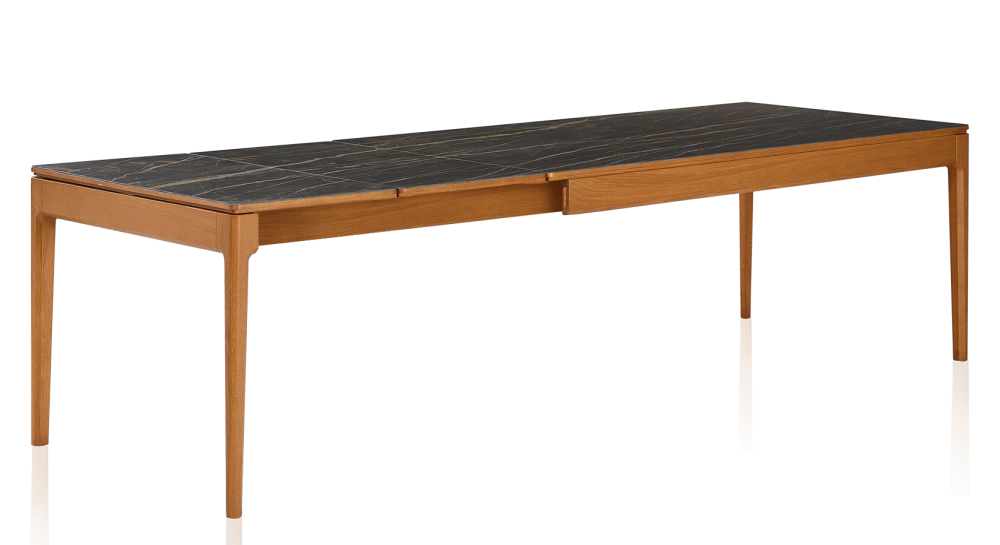 Table extensible en chêne et céramique 6 à 10 personnes allonges céramique avec bois teinte merisier et plateau et allonges céramique effet marbre noir 140x90 cm