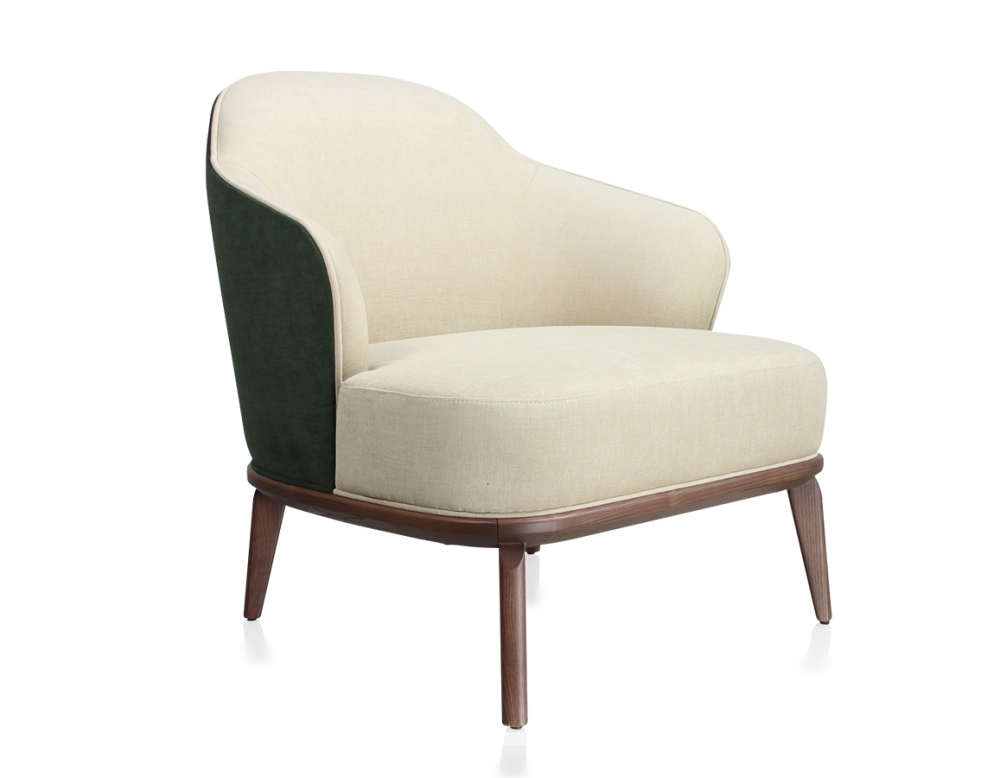 Fauteuil design tissu vert forêt et crème