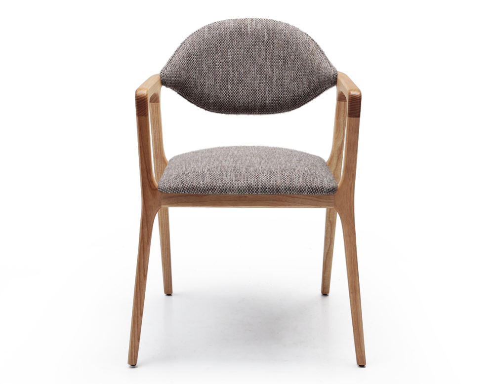 Chaise design avec accoudoirs bois teinte naturelle et tissu chiné marron
