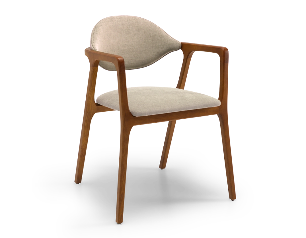 Chaise design avec accoudoirs bois teinte merisier et tissu taupe