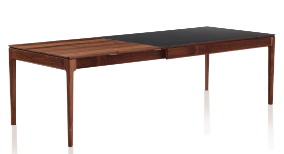 Table extensible 6 à 10 personnes en noyer et céramique allonges bois avec bois teinte naturelle et plateau céramique noir unie 160x100 cm