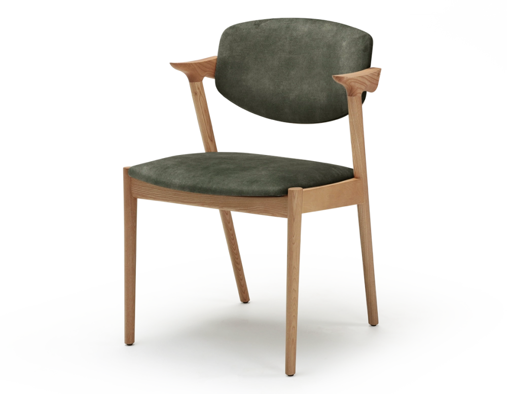 Scandinavian chair wood with a natural finish, velvet fabric seat in forest green.