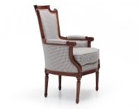 Fauteuil bergère style Louis XVI bois teinte ancienne et tissu pied de poule blanc et taupe