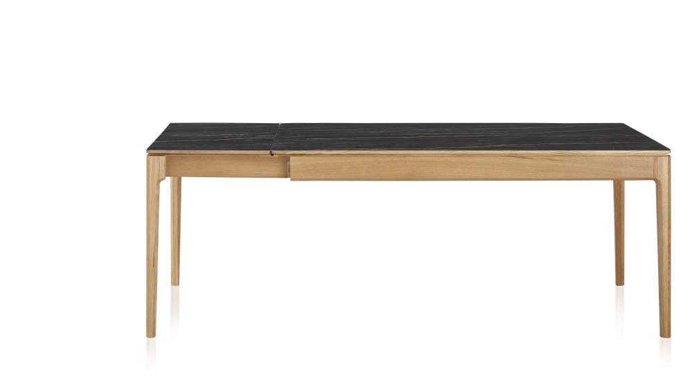 Table extensible en chêne et céramique 6 à 10 personnes allonges céramique avec bois teinte naturelle et plateau et allonges céramique effet marbre noir 140x90 cm