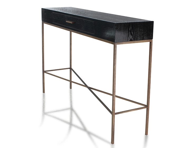 Console design frêne laqué noir et métal patine laiton 100 cm