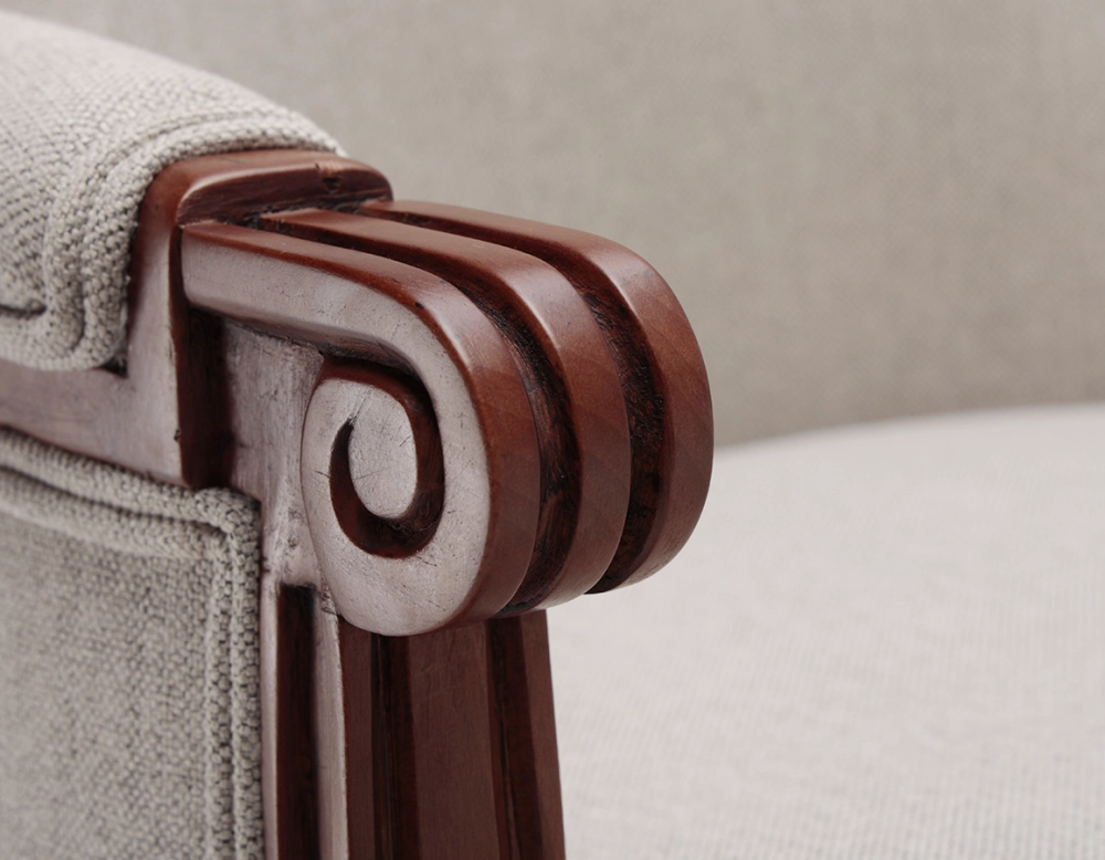 Fauteuil bergère style Louis XVI bois teinte ancienne et tissu beige naturel