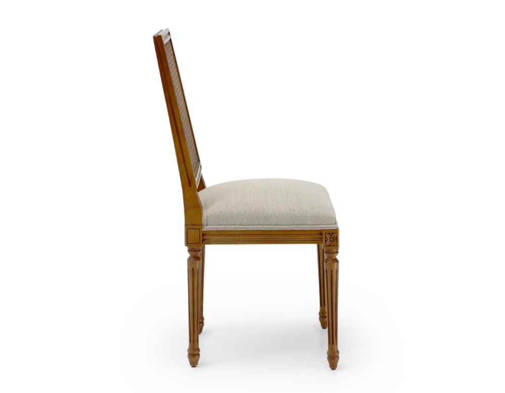 Louis XVI style antique chair cane back chair with natural beige fabric seat