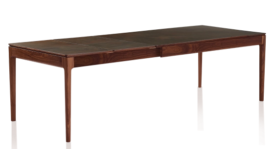 Table extensible 8 à 12 personnes en noyer et céramique allonges céramique avec bois teinte naturelle et plateau et allonges céramique brun oxydé 180x100 cm