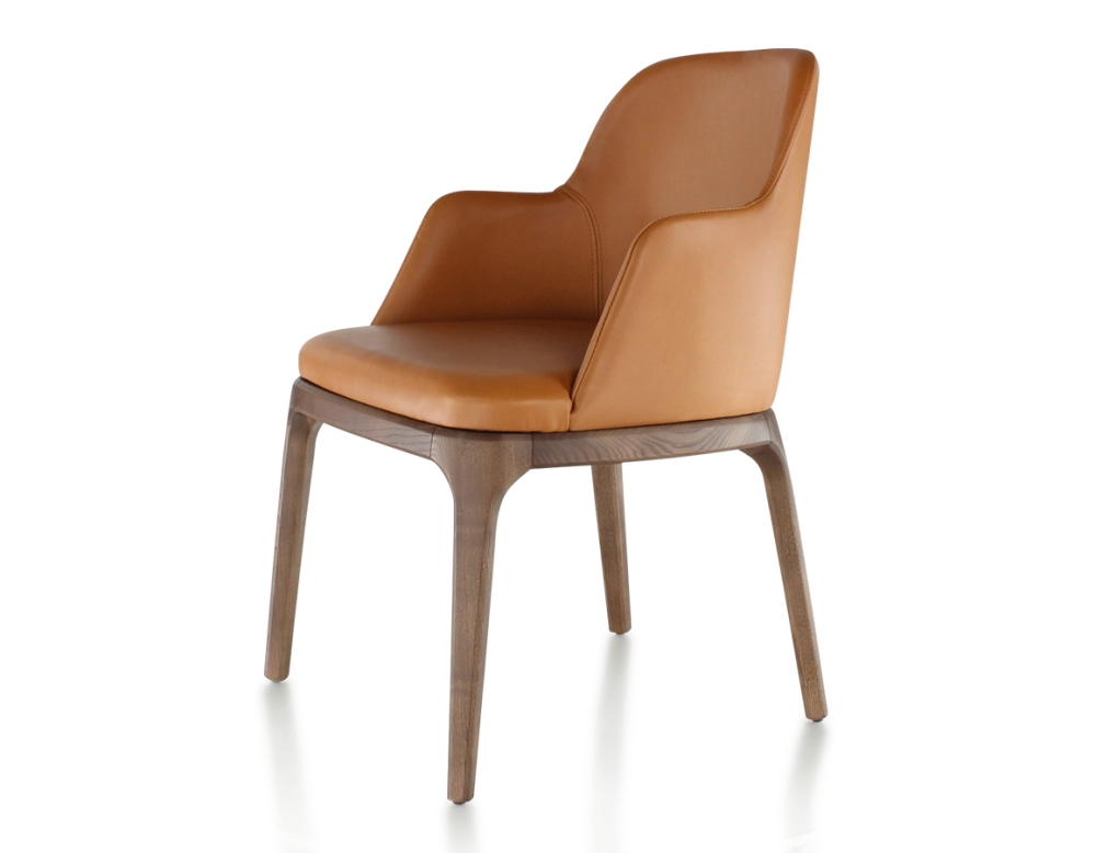 Silla de diseño con reposabrazos madera tintada marrón oscuro y piel caramelo