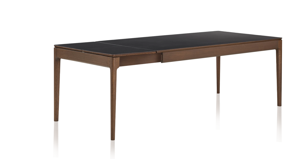 Extendable oak and ceramic table for 6 to 10 people with ceramic extensions with dark brown stained wood and plain black ceramic top and extensions 140x90 cm