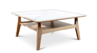 Square coffee table in oak and ceramic. with a natural wood finish and a white marble-effect ceramic top. 120x120 cm