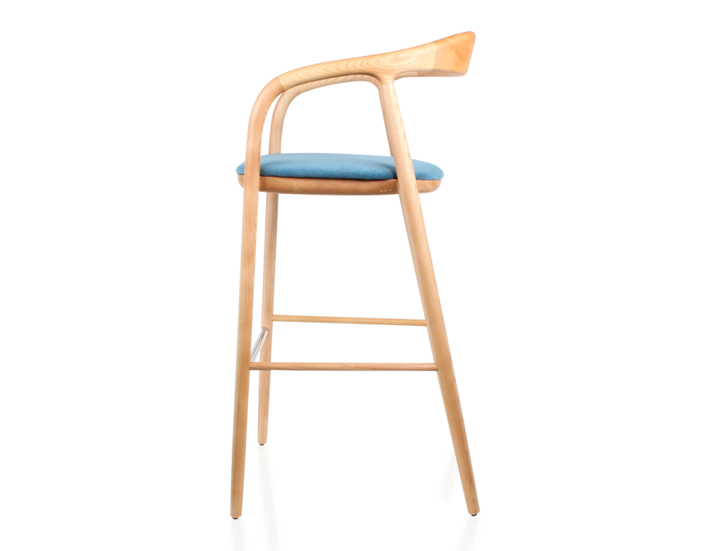 Tabouret de bar h80 cm teinte naturelle assise tissu bleu jean bois teinte naturelle et tissu bleu jean