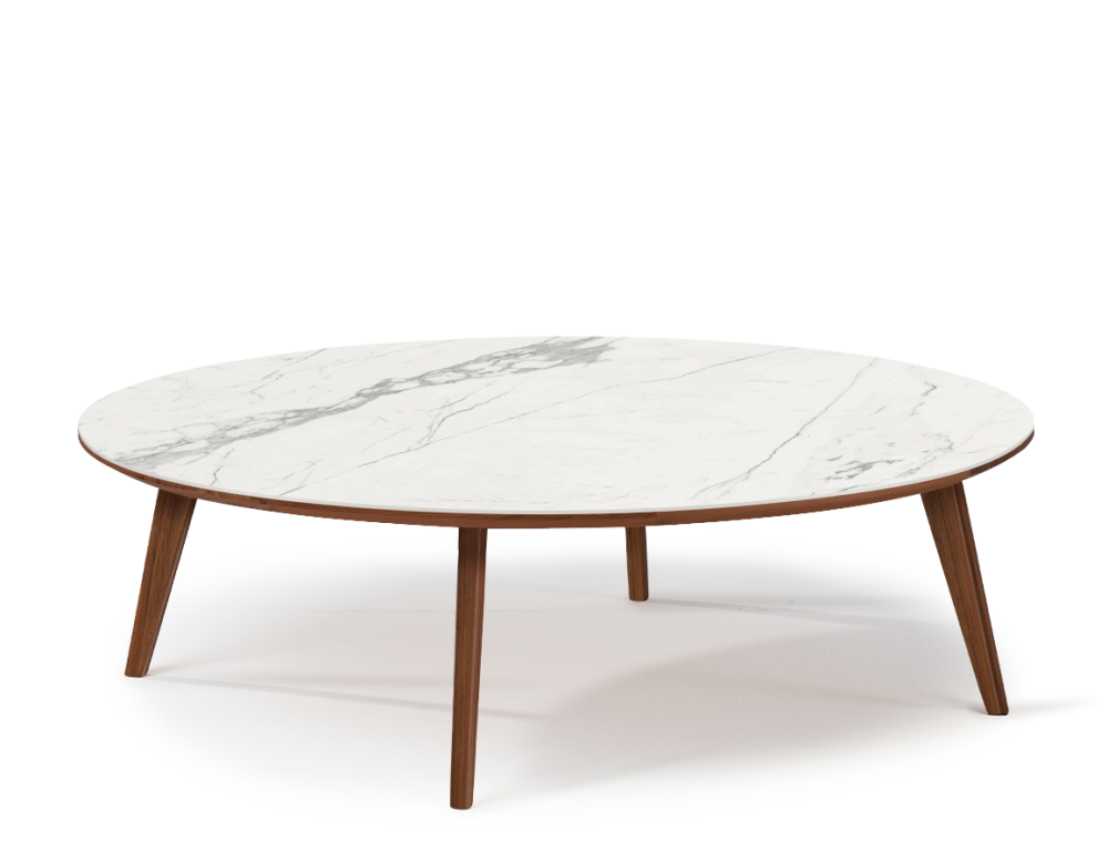 Round walnut and ceramic F1 coffee table wooden tray with a natural finish and a white marble-effect ceramic top m1. 120x120x30 cm