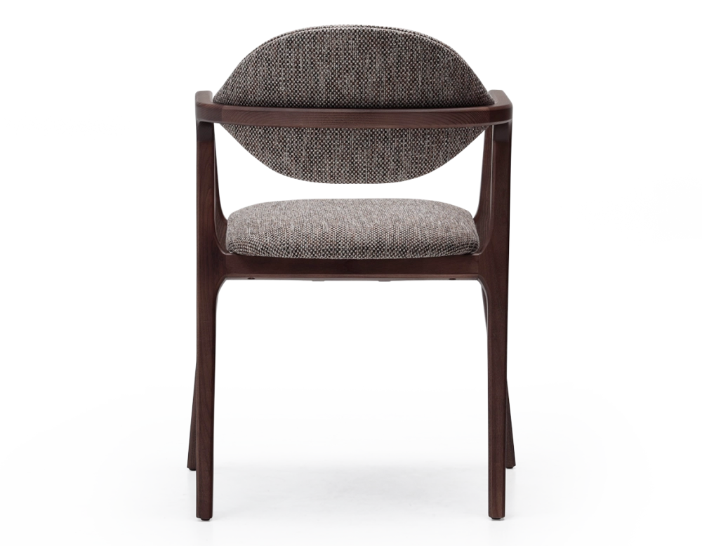 Chaise design avec accoudoirs bois teinte foncée et tissu chiné marron