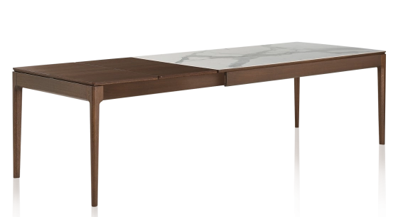 Table extensible 6 à 10 personnes en chêne et céramique allonges bois avec bois teinte marron foncé et plateau céramique effet marbre blanc 160x100 cm
