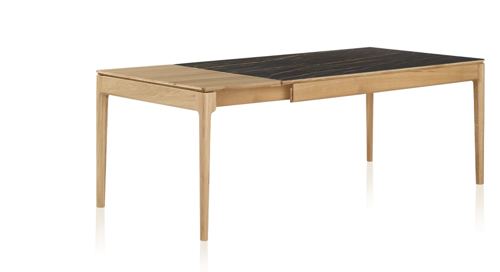Table extensible 6 à 10 personnes en chêne et céramique allonges bois avec bois teinte naturelle et plateau céramique effet marbre noir 140x90 cm