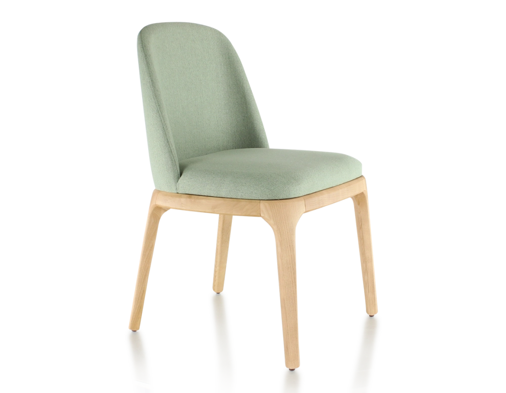 Chaise design bois teinte naturelle et tissu vert sauge