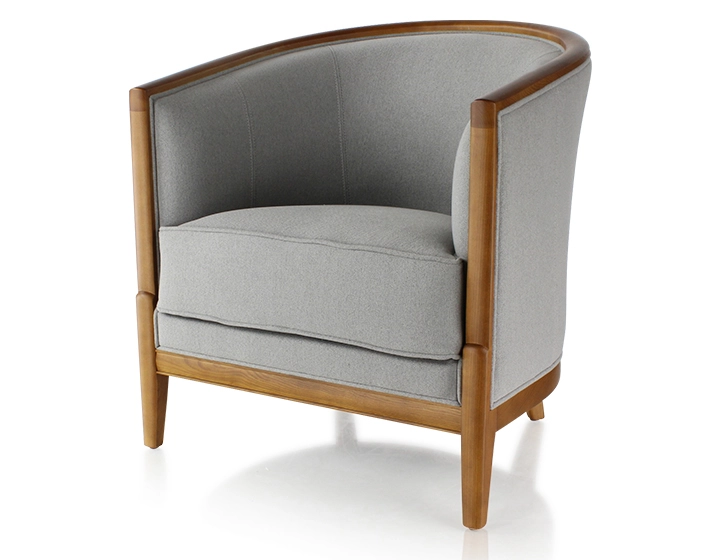 Fauteuil ancien bois teinte merisier et tissu gris clair