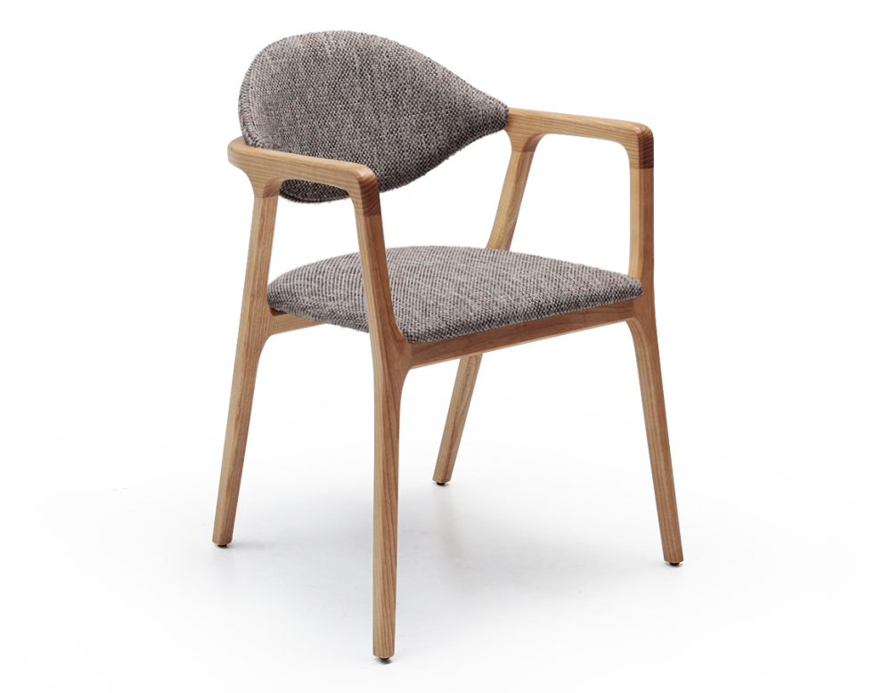 Chaise design avec accoudoirs bois teinte naturelle et tissu chiné marron