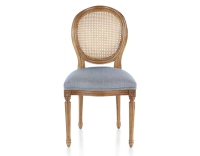 Chaise ancienne style Louis XVI bois teinte ancienne dossier canné assise tissu chevron bleu