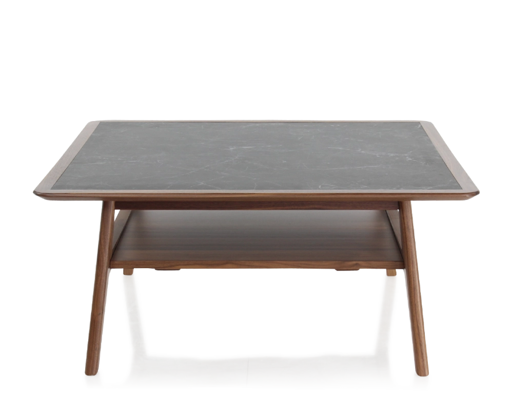 Table basse carré en noyer et céramique bois teinte naturelle plateau céramique effet ardoise 100x100 cm