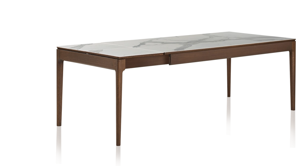 Table extensible en chêne et céramique 6 à 10 personnes allonges céramique avec bois teinte marron foncé et plateau et allonges céramique effet marbre blanc 140x90 cm