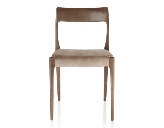 Chaise scandinave bois teinte marron foncé assise tissu velours taupe clair