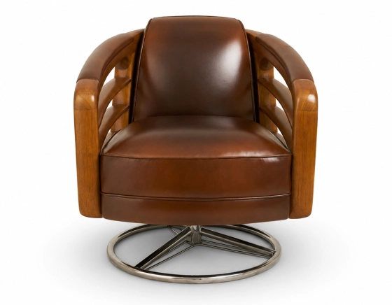 Fauteuil club pivotant bois et cuir marron vintage