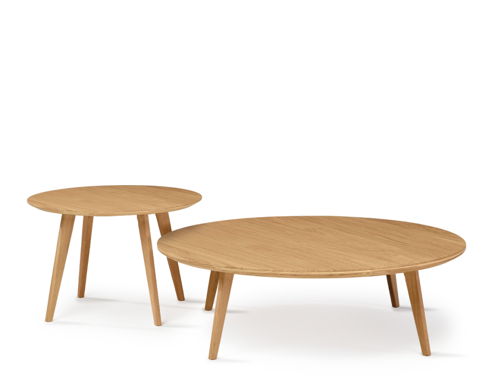Round coffee table F1 in oak and ceramic natural wood finish with ceramic top in travertine stone effect. 90x90x30 cm