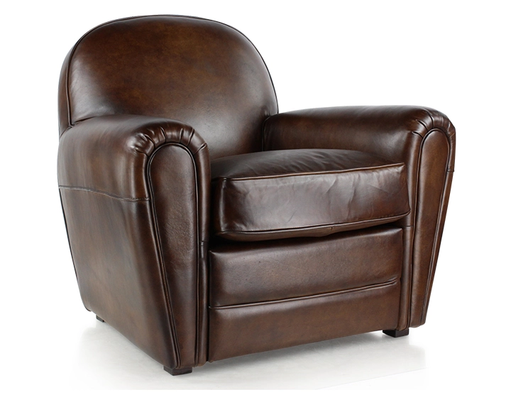 Fauteuil club cuir marron soutenu accoudoirs passepoil