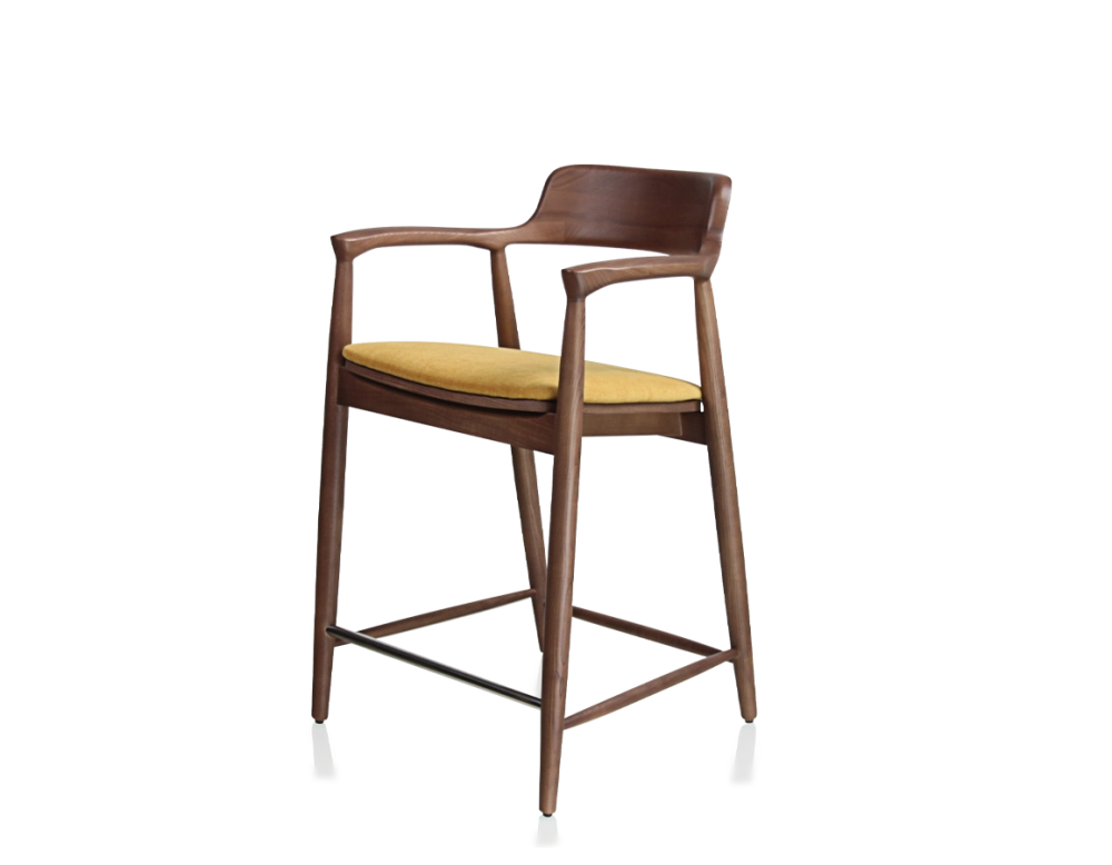 Tabouret de bar h60 cm bois teinte noyer assise tissu jaune