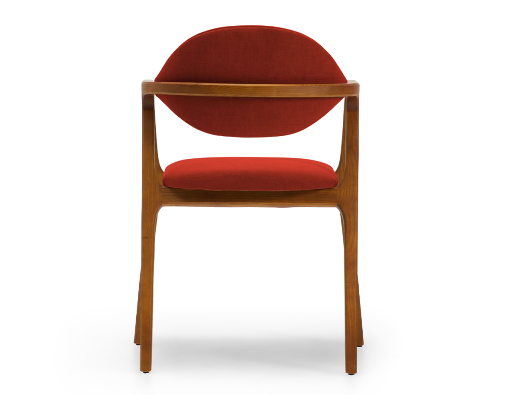 Chaise design avec accoudoirs bois teinte merisier et tissu orange brulé