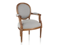 Sillón antiguo estilo Luis XVI madera con tinte envejecido y tejido gris claro