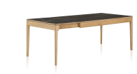 Table extensible 8 à 12 personnes en chêne et céramique allonges céramique avec bois teinte naturelle et plateau et allonges céramique effet marbre noir 210x100 cm
