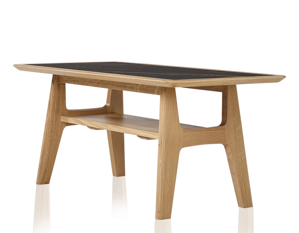 Table basse rectangulaire en chêne et céramique avec bois teinte naturelle plateau céramique noir unie 100x50 cm