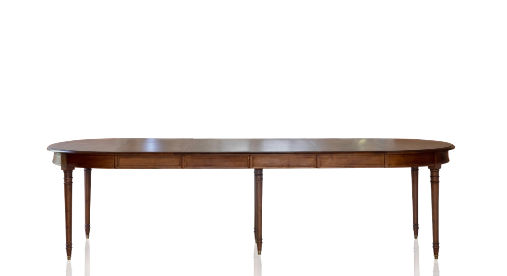 Table ronde Louis XVI extensible 4 à 14 personnes bois teinte ancienne avec 5 allonges 110x120cm