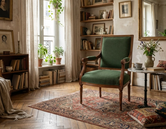 Fauteuil ancien style Louis XVI bois teinte ancienne et tissu vert foncé