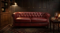 Canapé Chesterfield cuir 2 places rouge carmin accoudoirs cloutés
