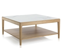Mesa de centro cuadrada de roble y cerámica con estante en madera tinte natural tablero cerámico efecto mármol blanco 100x100 cm
