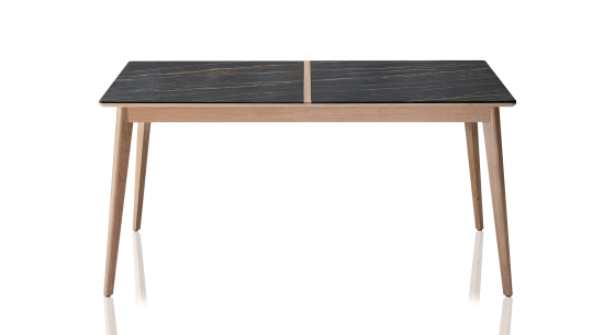 Table salle à manger en chêne et céramique 8 personnes avec bois teinte naturelle et plateau céramique effet marbre noir 180x100 cm