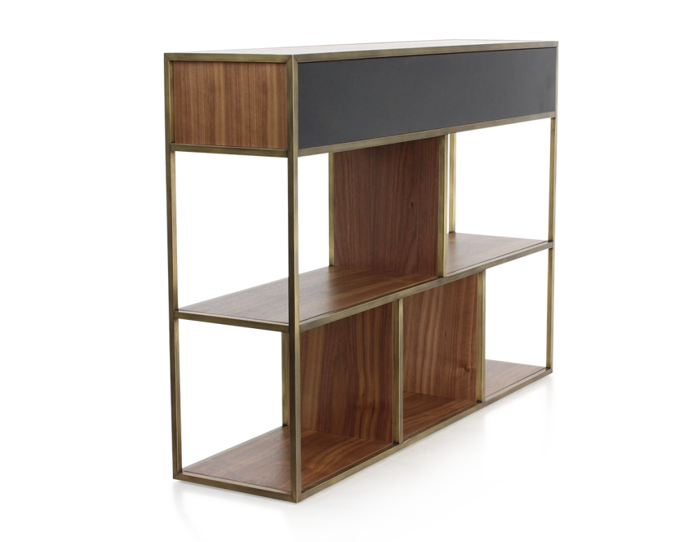 Console design natural tint walnut and brass patina metal